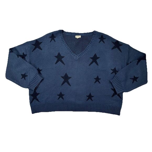 POL Blue Knit Sweater Women’s Medium Star Print Oversized V-Neck Long Sleeve - Picture 2 of 7